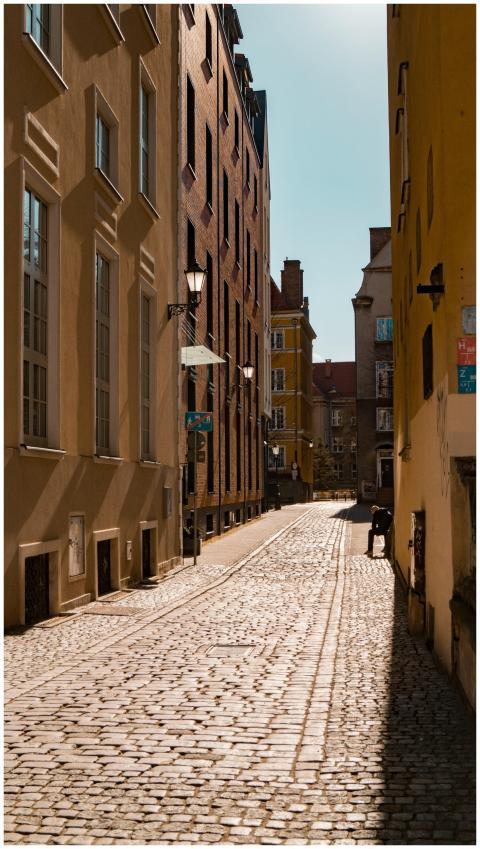 Quaint cobblestone street lined with historic buil