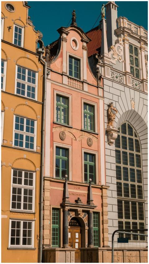 Colorful historic buildings in Gdańsk, showcasing