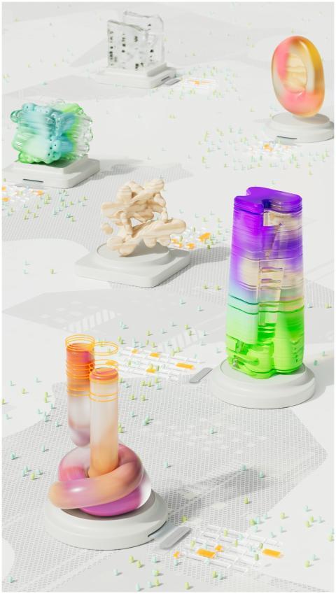 Vibrant 3D abstract sculptures displayed on a pris