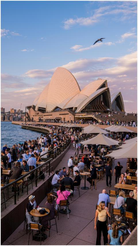 Tourists and locals enjoy a vibrant evening at Syd