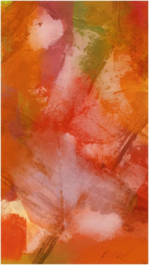 A textured abstract artwork with vibrant red and o