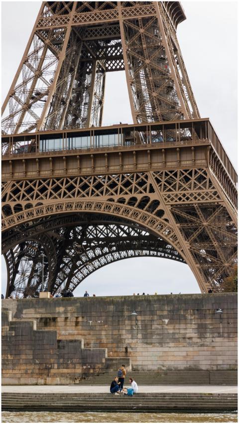 View of the Eiffel Tower with people relaxing alon