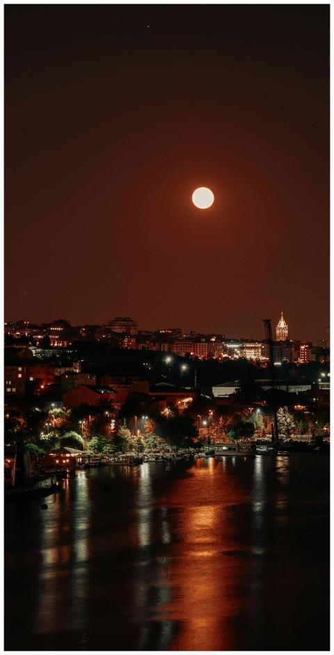 Scenic view of Istanbul skyline under a full moon,