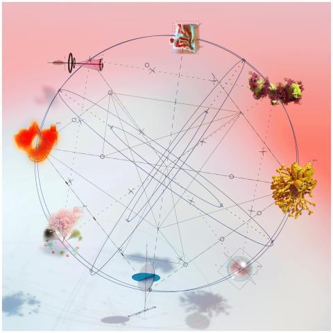 A vibrant abstract design featuring geometric line