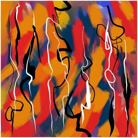 Dynamic abstract painting featuring bold colors an