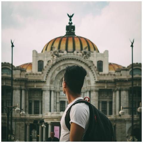 A man stands before the iconic Palacio de Bellas A