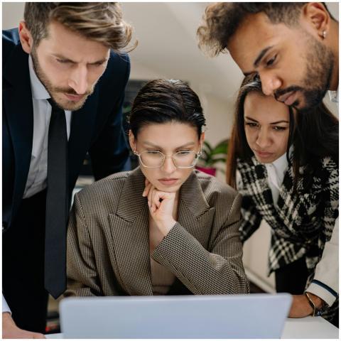 A diverse group of professionals intensely collabo