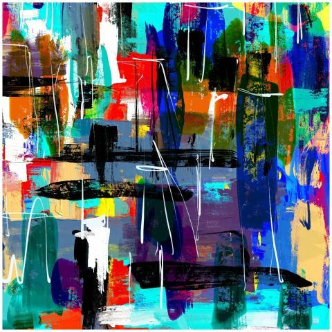 Dynamic abstract art piece with vivid colors and e