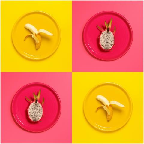 Bright and colorful image of banana and dragon fru