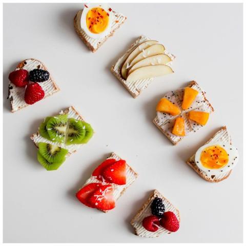 An artistic flat lay featuring a variety of fruit-