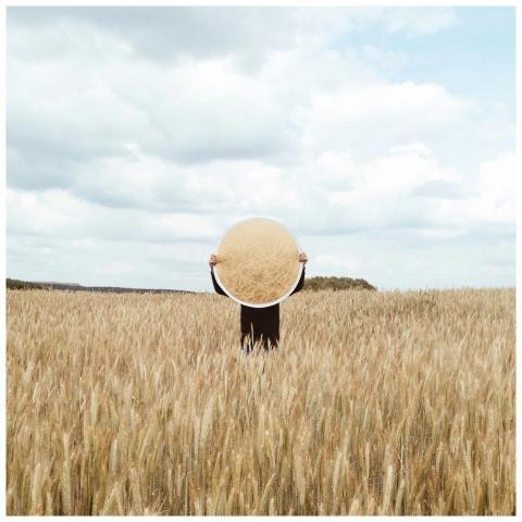 Artistic scene in a wheat field with a mirror refl