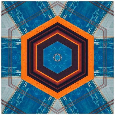 Colorful hexagonal abstract art with blue and oran