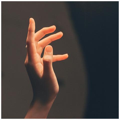 Elegant human hand reaching into soft, warm light