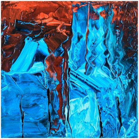 Dynamic abstract artwork with bold red and blue br