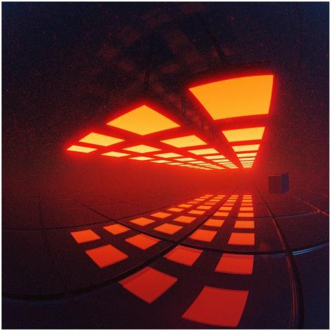A modern abstract hallway featuring glowing red ge