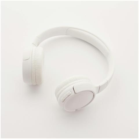 Sleek overhead view of modern white wireless headp