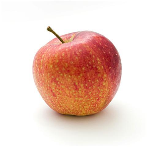 Close-up of a vibrant red apple with a stem, isola