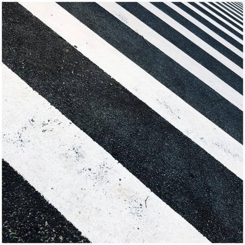 Close-up of black and white pedestrian crossing st