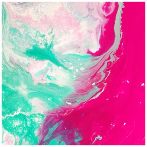 Dynamic abstract painting with vibrant pink and te