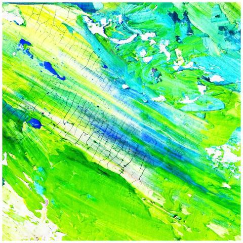 Dynamic abstract painting in vibrant green and blu