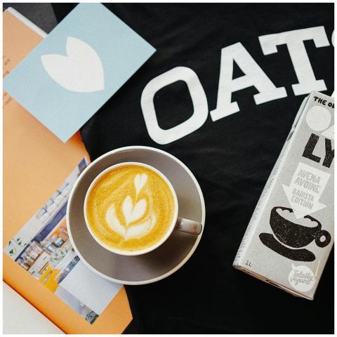 A top-down view of a cappuccino with oat milk cart