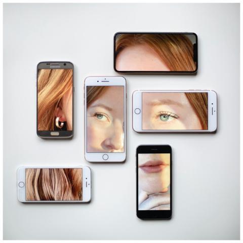 Serious young female fragments portrait made with