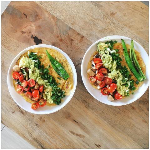 Two delicious omelette plates with avocado, tomato