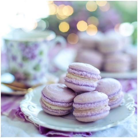 Lavender macarons with floral tea set, beautifully