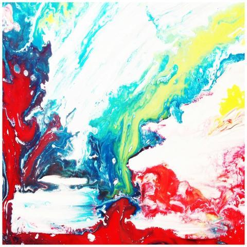 Dynamic abstract artwork with vibrant red, blue, a