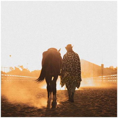 A cowboy leads a brown horse through a dusty field