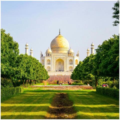 Stunning view of the Taj Mahal surrounded by lush