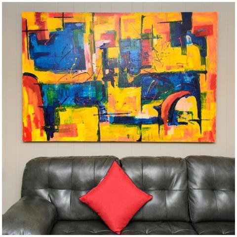 Abstract painting with vibrant colors above a leat