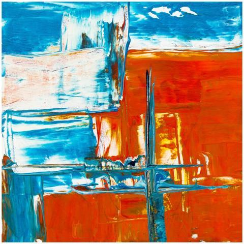 Dynamic abstract painting featuring vivid blue and