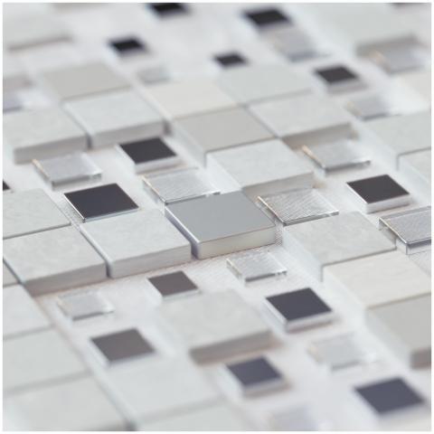 Abstract arrangement of metallic squares showcasin
