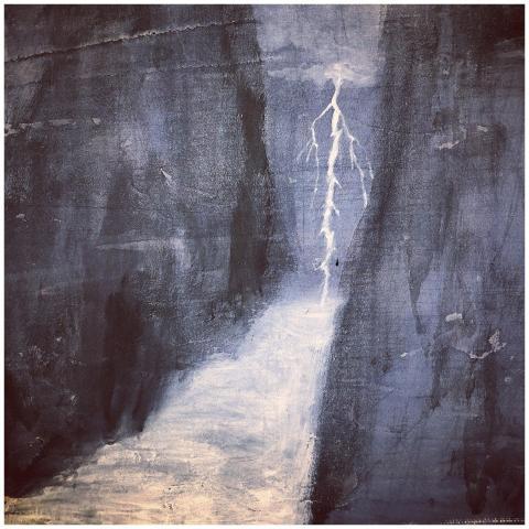 Abstract painting with a moody texture and a light