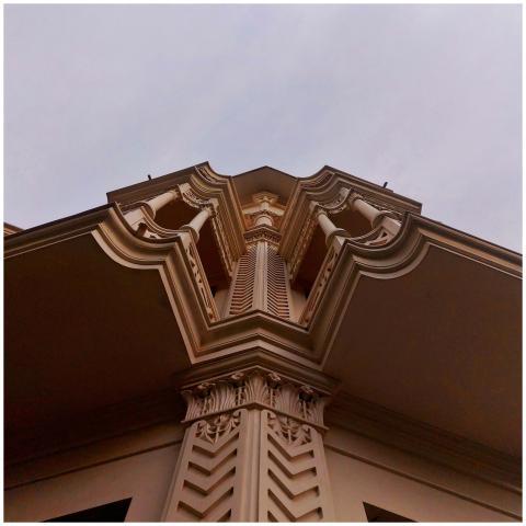 A low-angle view of an intricately designed Indian