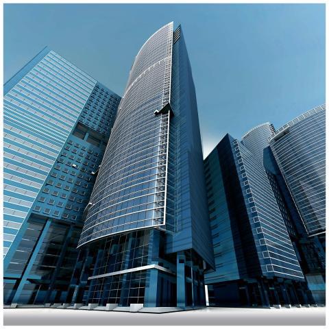 Futuristic urban skyscrapers with glass facades re