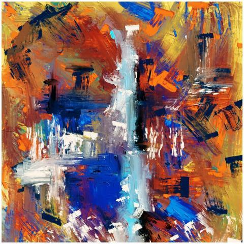 Dynamic abstract painting featuring bold colors an