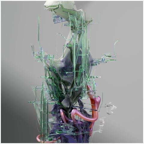A futuristic 3D abstract digital structure with vi