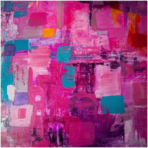 Bold and colorful abstract painting with pink, tea
