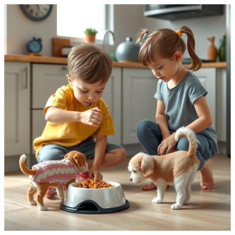 Kids And Puppy Feeding Dog Children Playing Pet Ca