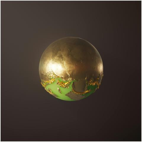 A golden sphere with abstract green elements on a