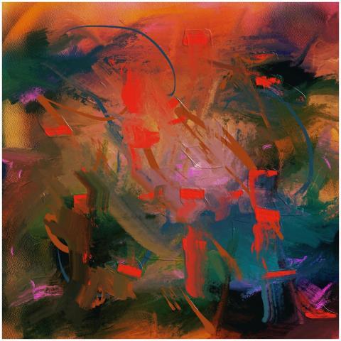 Dynamic abstract artwork featuring vibrant reds an