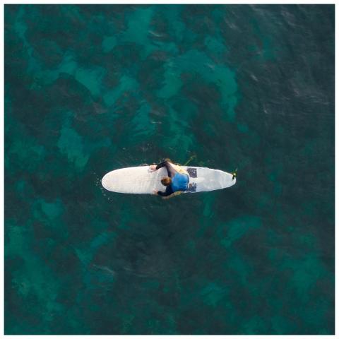 Aerial shot of a surfer paddling on a surfboard in