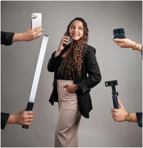 Businesswoman using tech gadgets for productivity